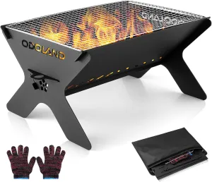 Odoland Camping Campfire Grill, Portable Folding Charcoal Grills, Backpacking BBQ Grill, Heavy Duty Firepit Grill with Carry Bag for Outdoor Cooking, Bonfire, Patio, Backyard