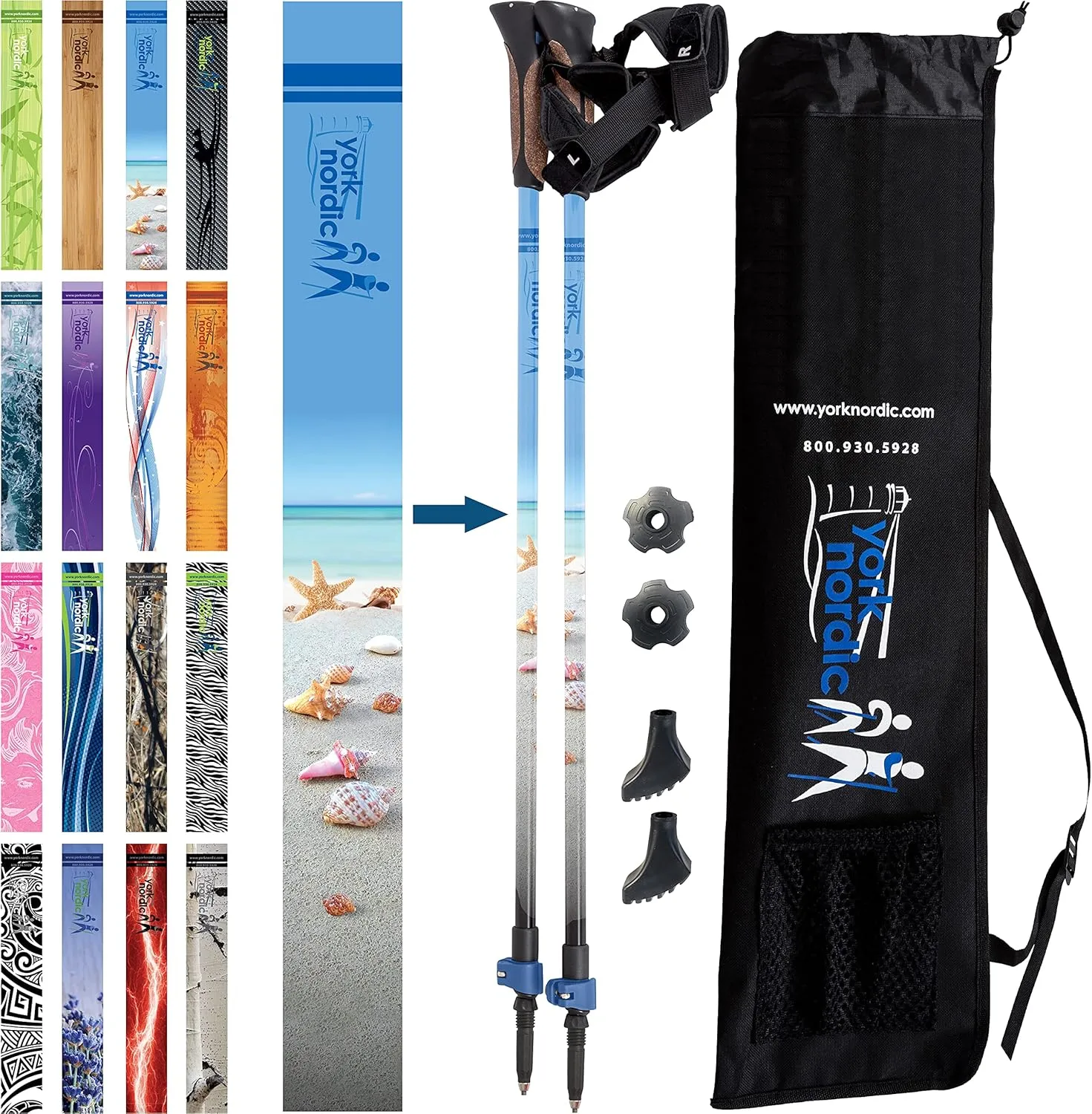 Official Nordic Walking Poles - True Classic Nordic Glove Grips, Lightweight, Adjustable, and Collapsible -2 Pieces w/flip Locks, Detachable Feet and Travel Bag by York Nordic - Heights 5'4"-6'2"