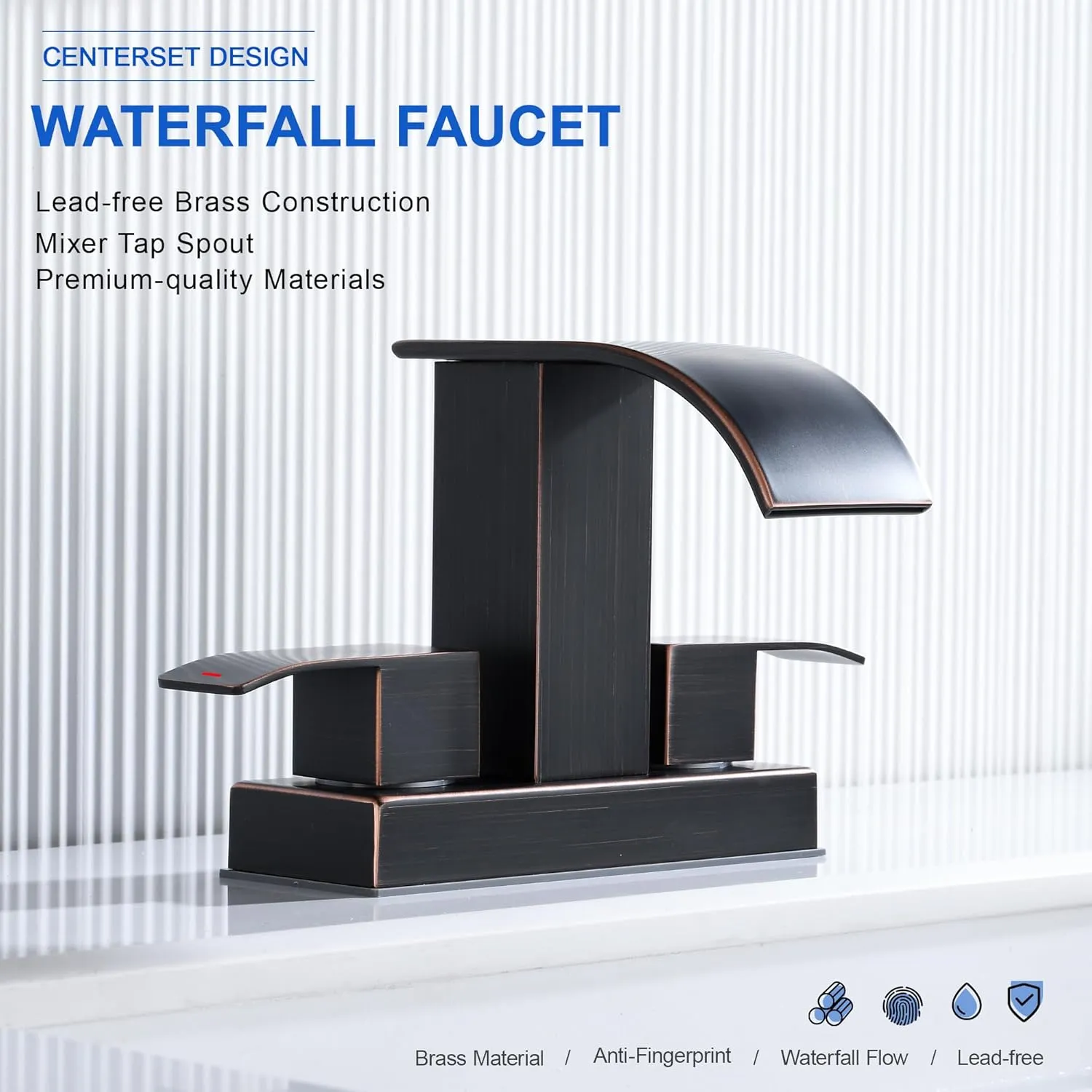 Oil Rubbed Bronze Bathroom Sink Waterfall Faucet with Pop Up Drain Stopper & Supply Lines, 4 in Centerset Bathroom Vanity Faucet 2 Handles 2 or 3 Holes Faucet for Lavatory Bathroom Basin