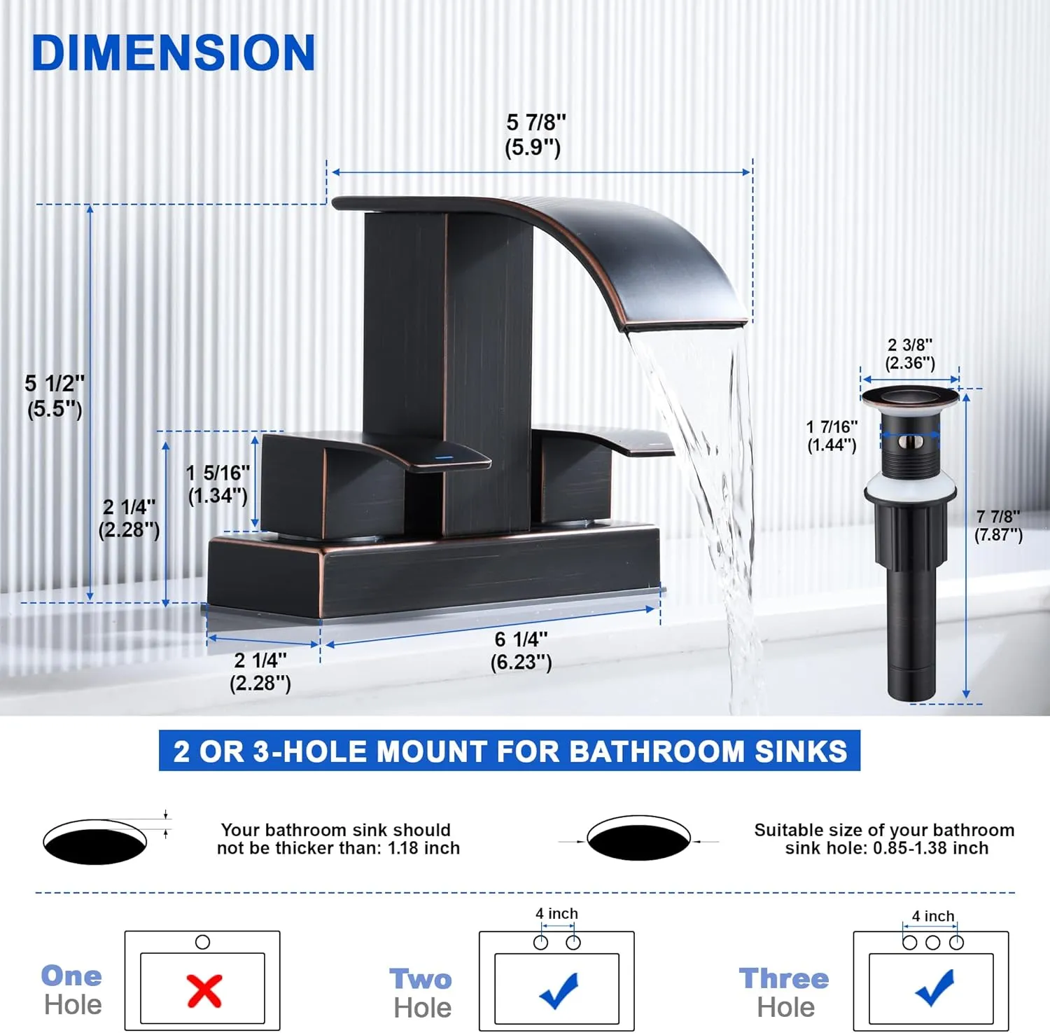 Oil Rubbed Bronze Bathroom Sink Waterfall Faucet with Pop Up Drain Stopper & Supply Lines, 4 in Centerset Bathroom Vanity Faucet 2 Handles 2 or 3 Holes Faucet for Lavatory Bathroom Basin