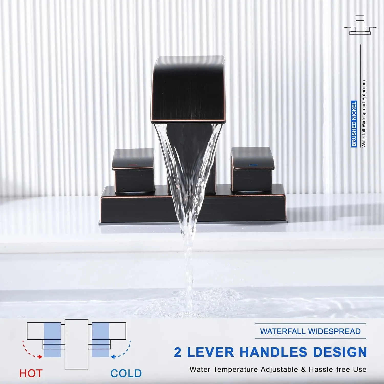 Oil Rubbed Bronze Bathroom Sink Waterfall Faucet with Pop Up Drain Stopper & Supply Lines, 4 in Centerset Bathroom Vanity Faucet 2 Handles 2 or 3 Holes Faucet for Lavatory Bathroom Basin