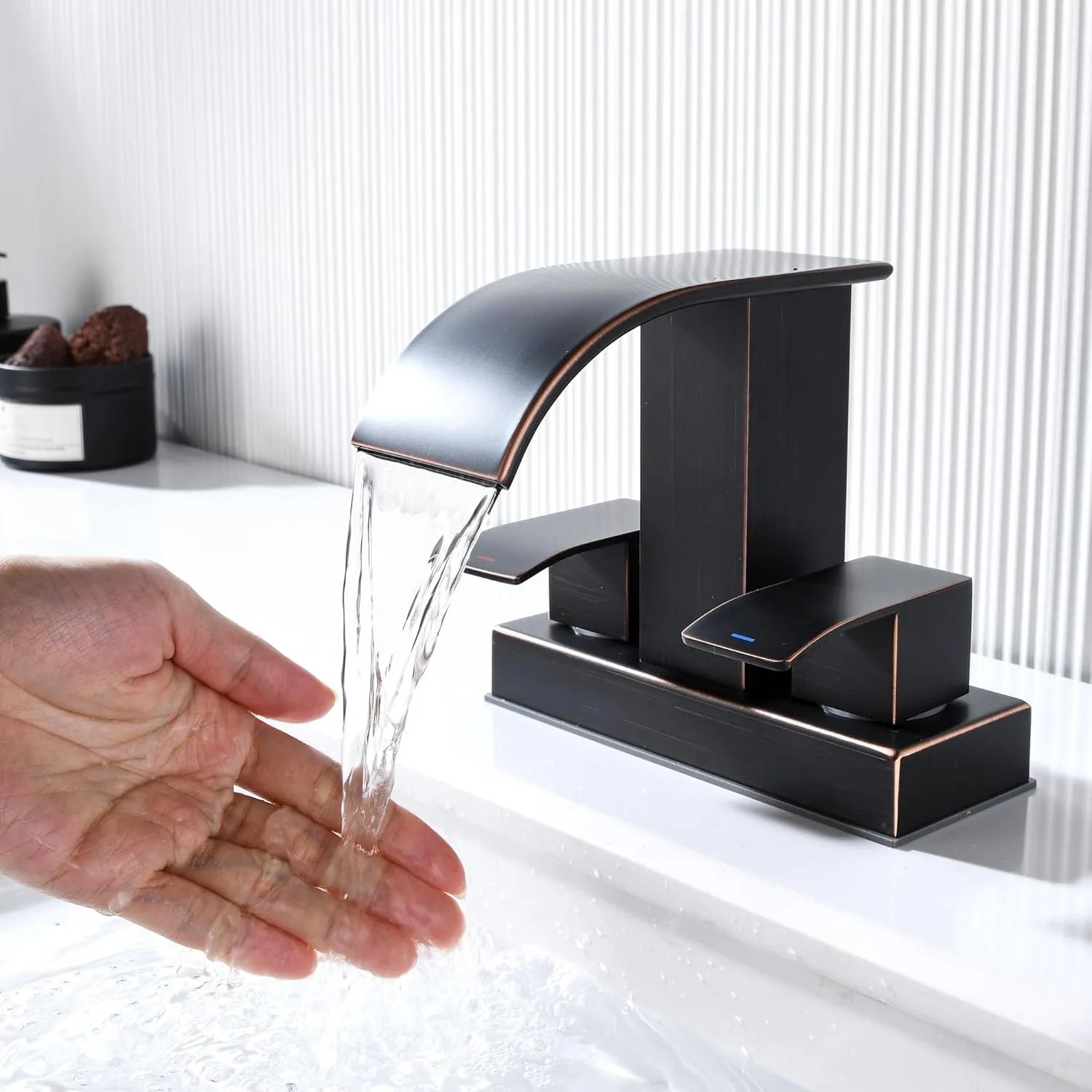 Oil Rubbed Bronze Bathroom Sink Waterfall Faucet with Pop Up Drain Stopper & Supply Lines, 4 in Centerset Bathroom Vanity Faucet 2 Handles 2 or 3 Holes Faucet for Lavatory Bathroom Basin