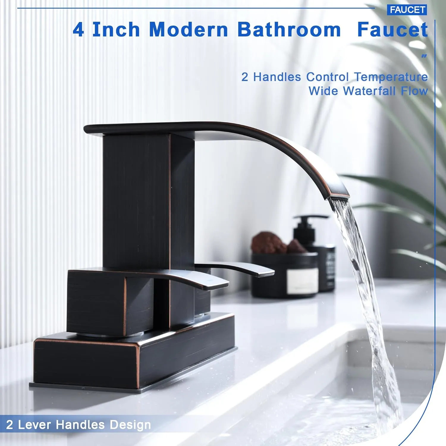 Oil Rubbed Bronze Bathroom Sink Waterfall Faucet with Pop Up Drain Stopper & Supply Lines, 4 in Centerset Bathroom Vanity Faucet 2 Handles 2 or 3 Holes Faucet for Lavatory Bathroom Basin