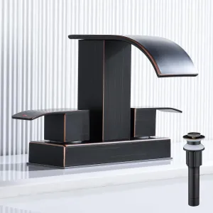 Oil Rubbed Bronze Bathroom Sink Waterfall Faucet with Pop Up Drain Stopper & Supply Lines, 4 in Centerset Bathroom Vanity Faucet 2 Handles 2 or 3 Holes Faucet for Lavatory Bathroom Basin
