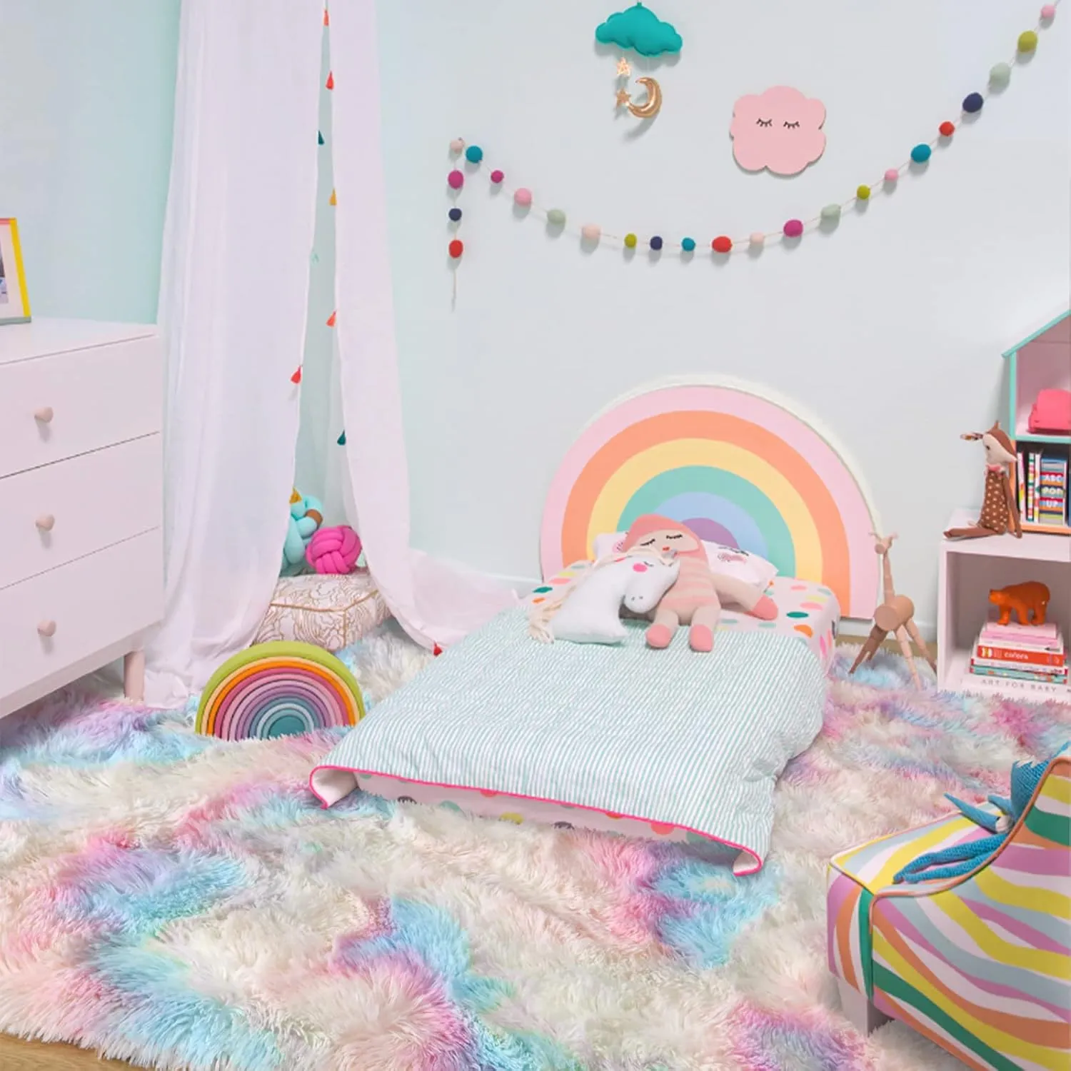 Ompaa Soft Fluffy Rainbow Kids Rug for Girls Bedroom Carpets, 4x6 Feet, Pastel Unicorn Room Decor, Kawaii Tie Dye Rugs for Teens Dorm Aesthetic, Shaggy Nursery Area Rug for Baby Toddler Princess Room
