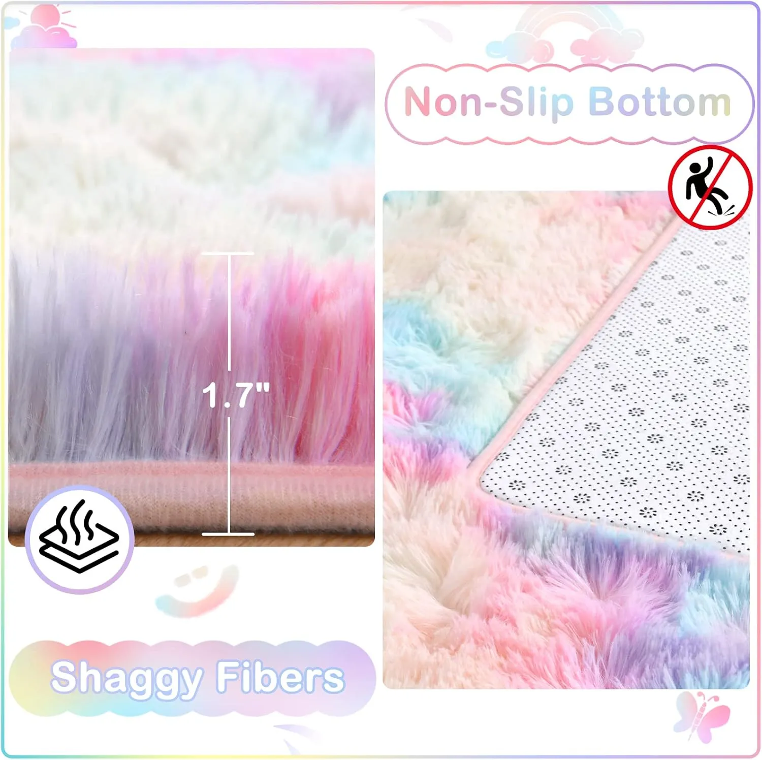 Ompaa Soft Fluffy Rainbow Kids Rug for Girls Bedroom Carpets, 4x6 Feet, Pastel Unicorn Room Decor, Kawaii Tie Dye Rugs for Teens Dorm Aesthetic, Shaggy Nursery Area Rug for Baby Toddler Princess Room