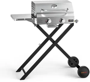 Onlyfire BBQ Gas Grill 2-Burner with Foldable Cart & Side Table, Portable Propane Grill with Lid for Outdoor Patio Backyard Barbecue Camping Tailgating RV Trip, Stainless Steel, GS323