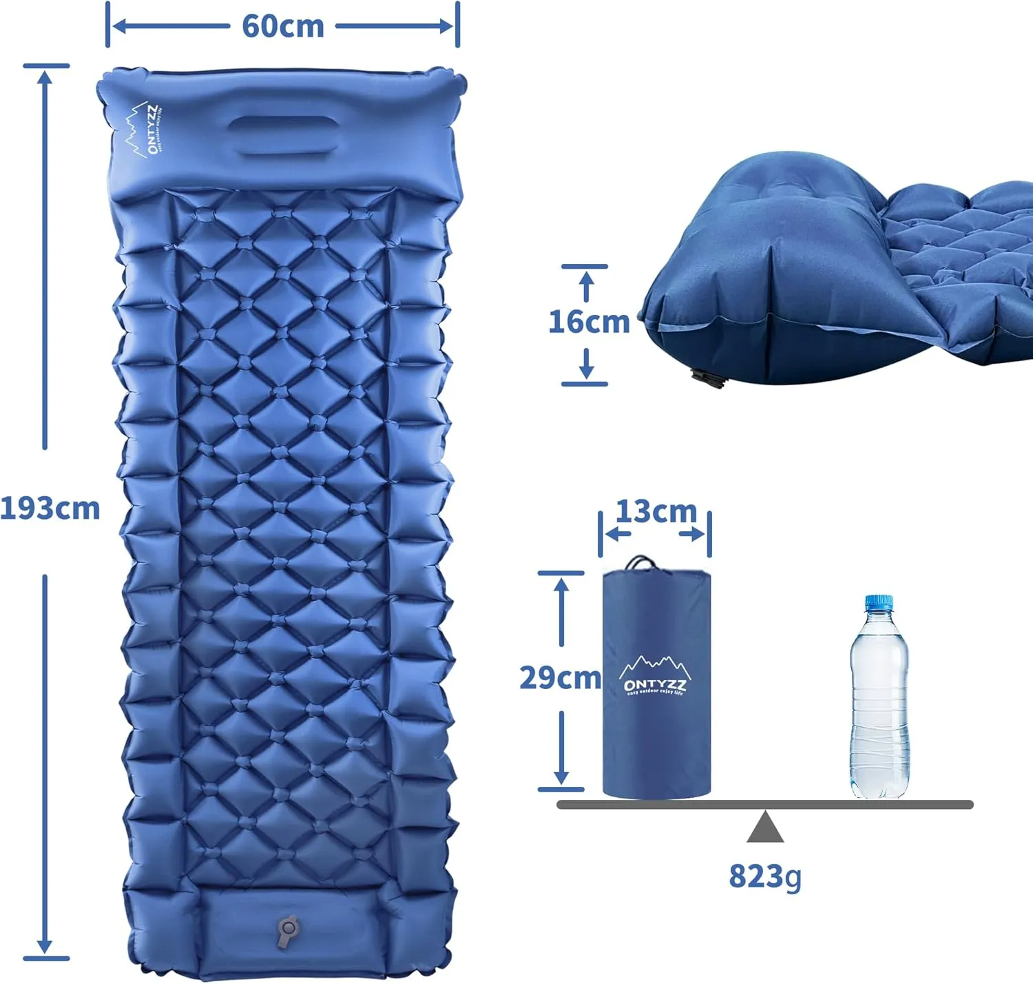 ONTYZZ Sleeping Pad for Camping Ultralight Inflatable Sleeping Pad with Built-in Foot Pump Upgraded Durable Compact Camping Air Pad for Camping Hiking Traveling, Blue, 193*60*7cm
