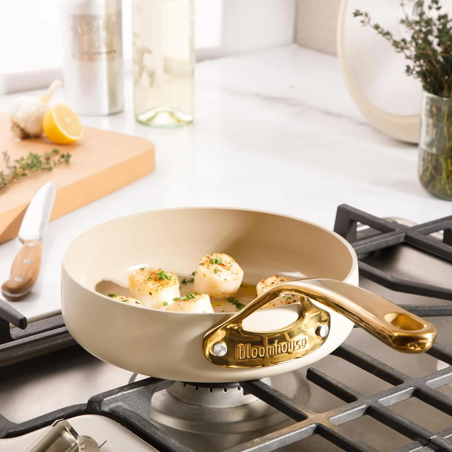 Oprah's Favorite Things - 8 Inch Heavy Duty Aluminum Premium PFA Free Ceramic Nonstick Saute/Deep Frying Pan Skillet - Almond Cream w/Gold Handle