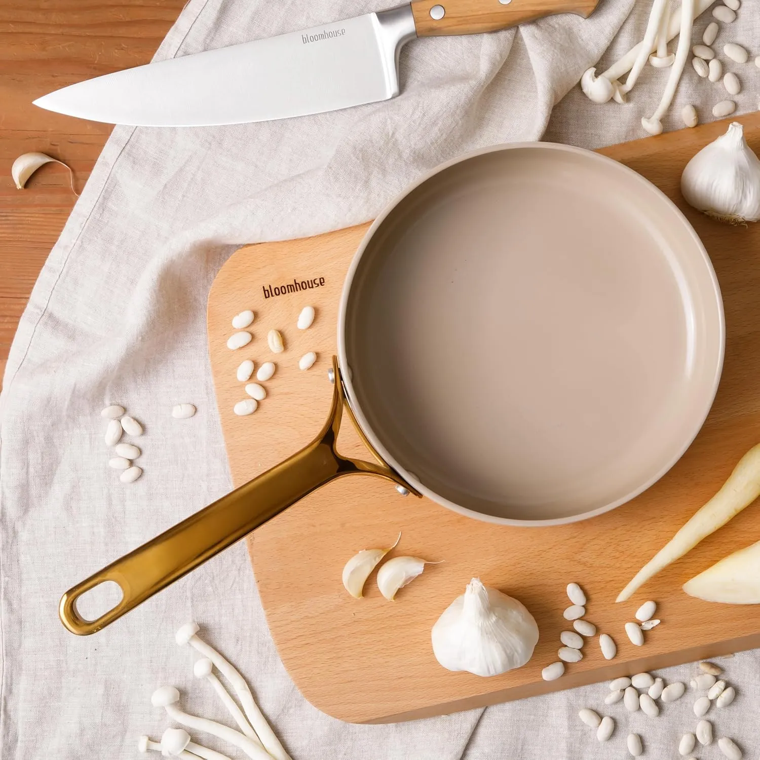 Oprah's Favorite Things - 8 Inch Heavy Duty Aluminum Premium PFA Free Ceramic Nonstick Saute/Deep Frying Pan Skillet - Almond Cream w/Gold Handle