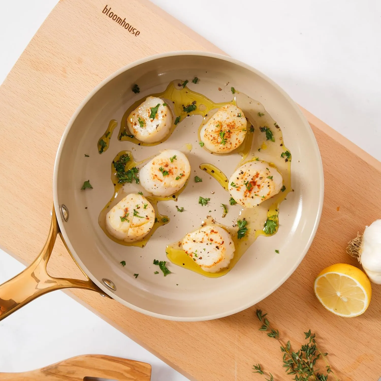 Oprah's Favorite Things - 8 Inch Heavy Duty Aluminum Premium PFA Free Ceramic Nonstick Saute/Deep Frying Pan Skillet - Almond Cream w/Gold Handle