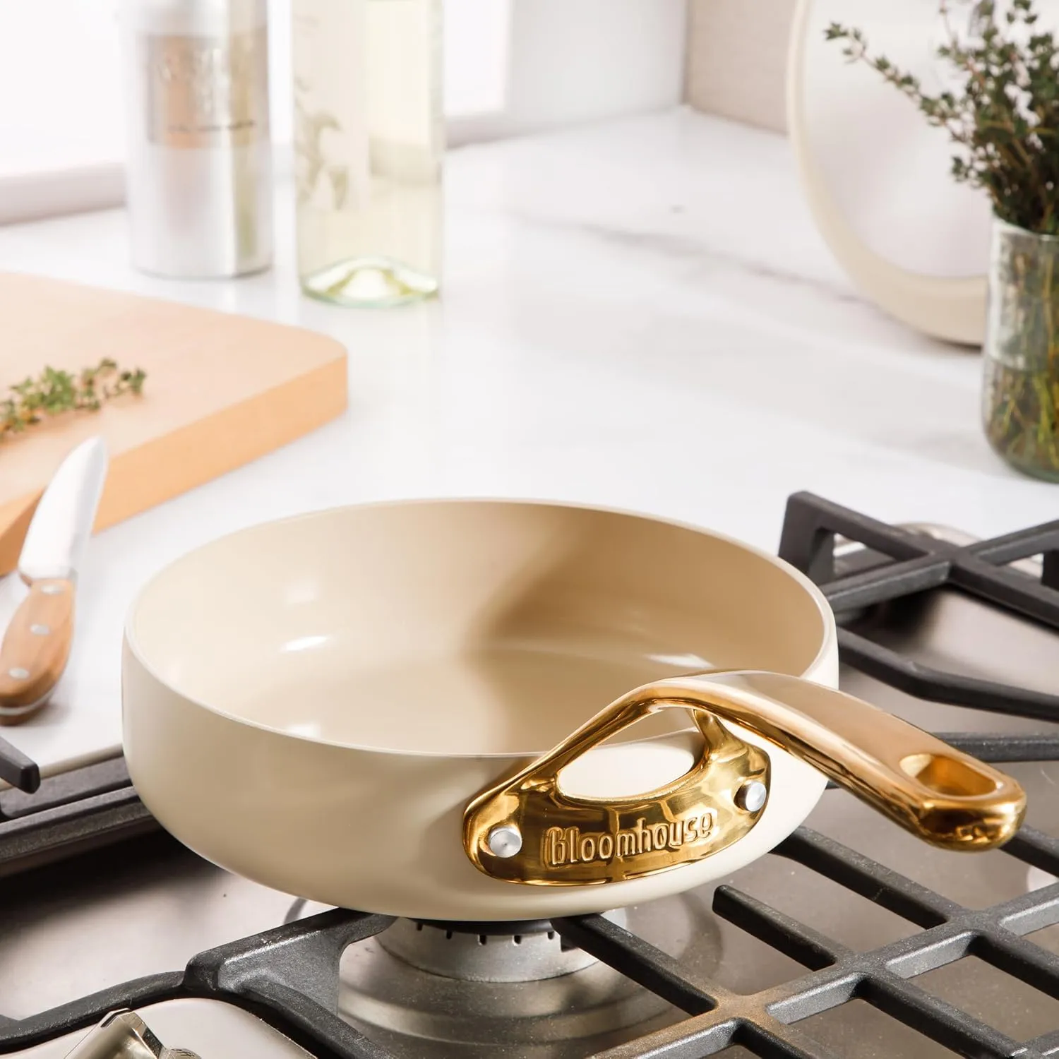 Oprah's Favorite Things - 8 Inch Heavy Duty Aluminum Premium PFA Free Ceramic Nonstick Saute/Deep Frying Pan Skillet - Almond Cream w/Gold Handle