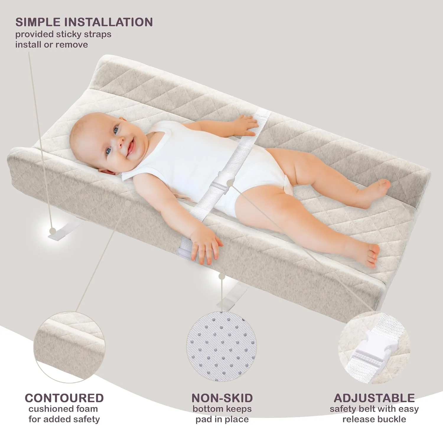 Organic Cotton Contoured Baby Changing Pad w/Waterproof Foam Mattress, Includes Soft, Removable & Washable Cover, Safety Strap, Non-Slip Bottom, Topper for Standard Size Infant Diaper Table & Dresser