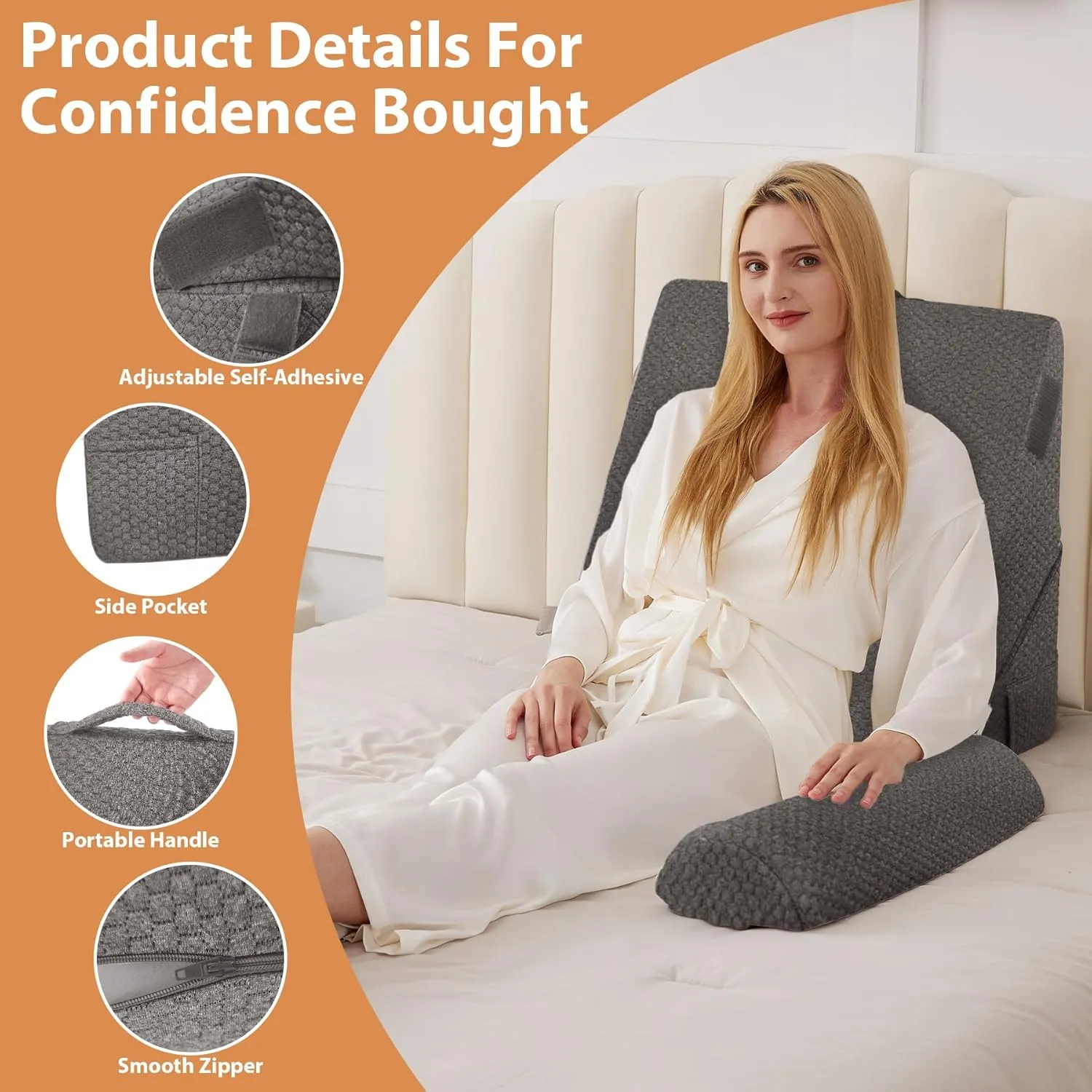 Orthopedic Bed Wedge Pillow Set 3Pcs, Adjustable Memory Foam, Pillow Wedge for Post Surgery, Back Pain Relief, Triangle Pillows for Acid Reflux, Snoring, GERD, Dark Grey