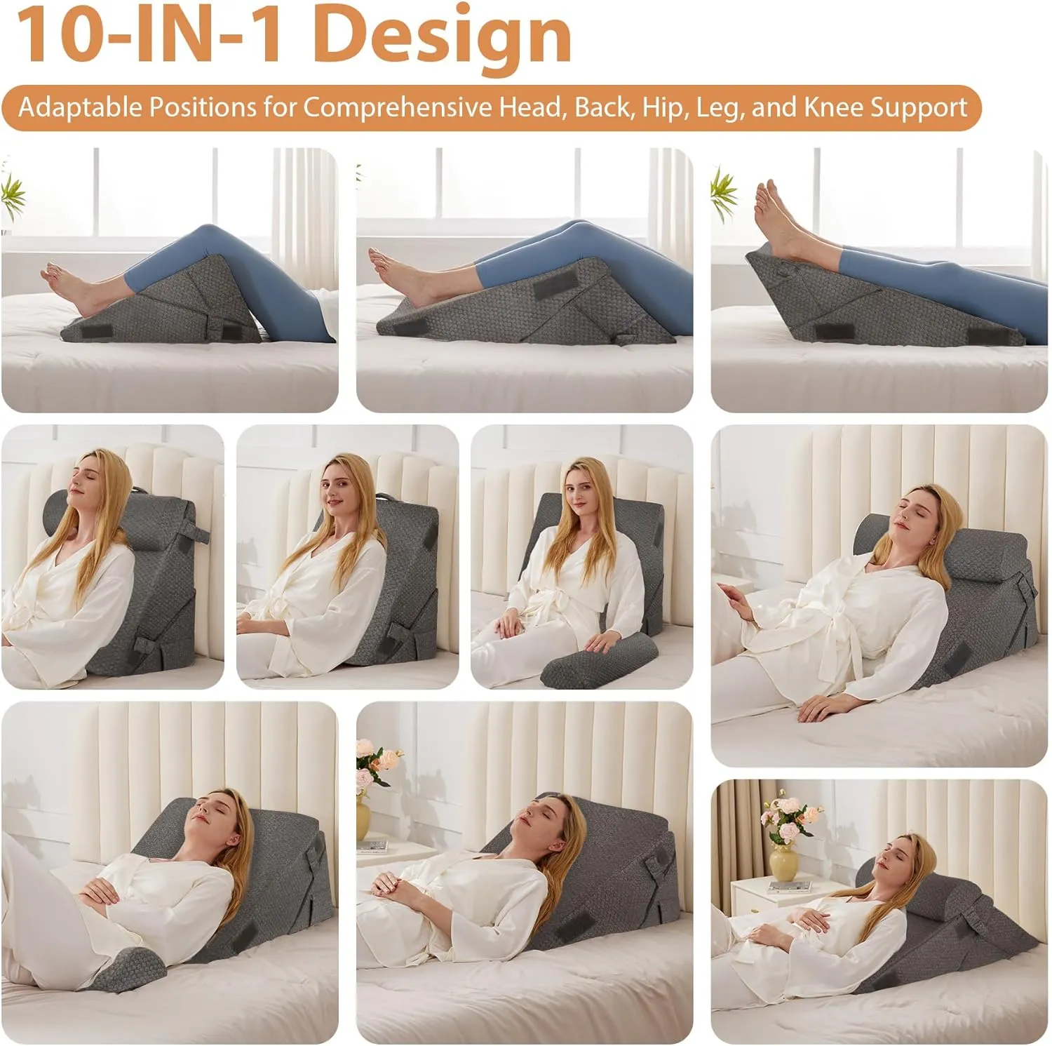 Orthopedic Bed Wedge Pillow Set 3Pcs, Adjustable Memory Foam, Pillow Wedge for Post Surgery, Back Pain Relief, Triangle Pillows for Acid Reflux, Snoring, GERD, Dark Grey