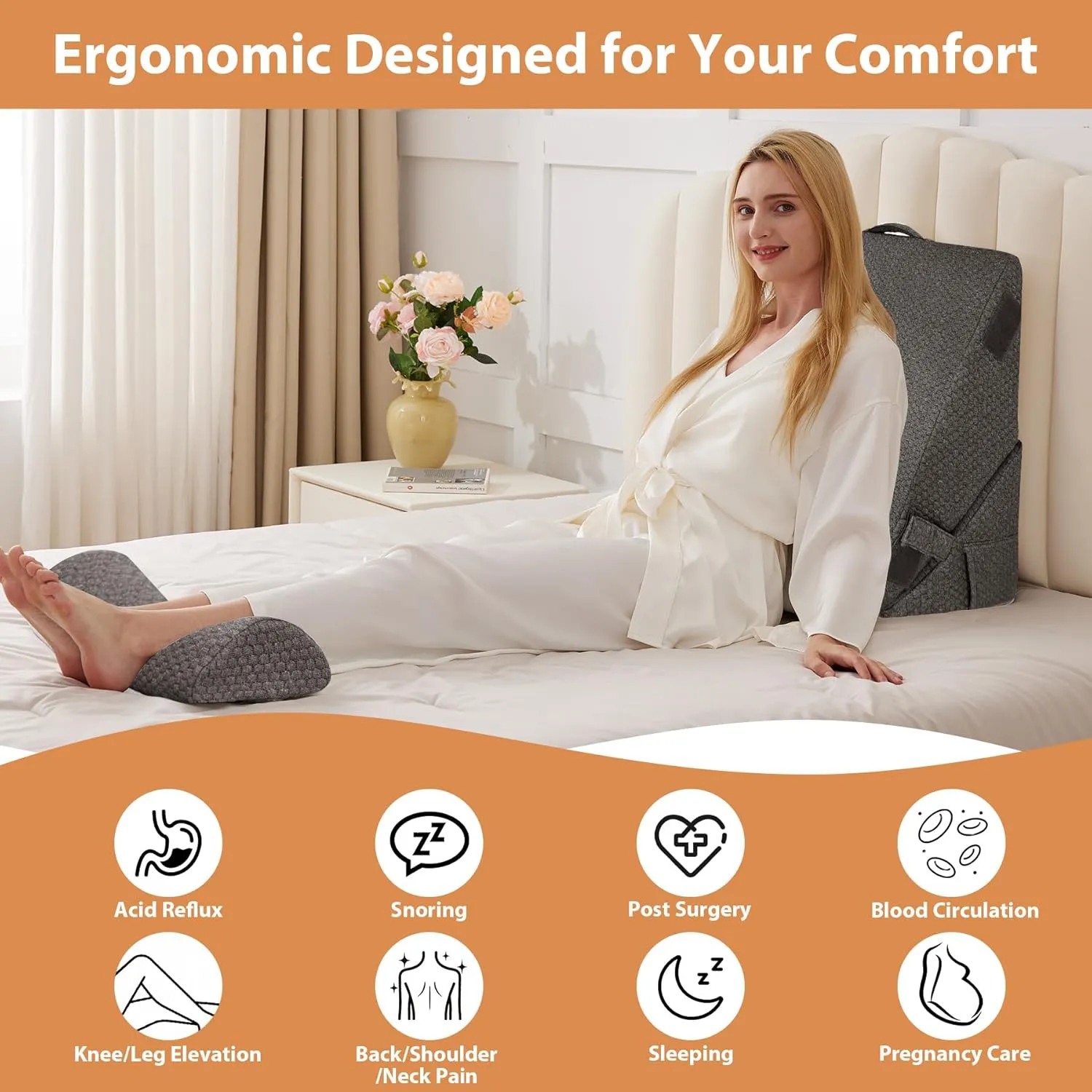 Orthopedic Bed Wedge Pillow Set 3Pcs, Adjustable Memory Foam, Pillow Wedge for Post Surgery, Back Pain Relief, Triangle Pillows for Acid Reflux, Snoring, GERD, Dark Grey
