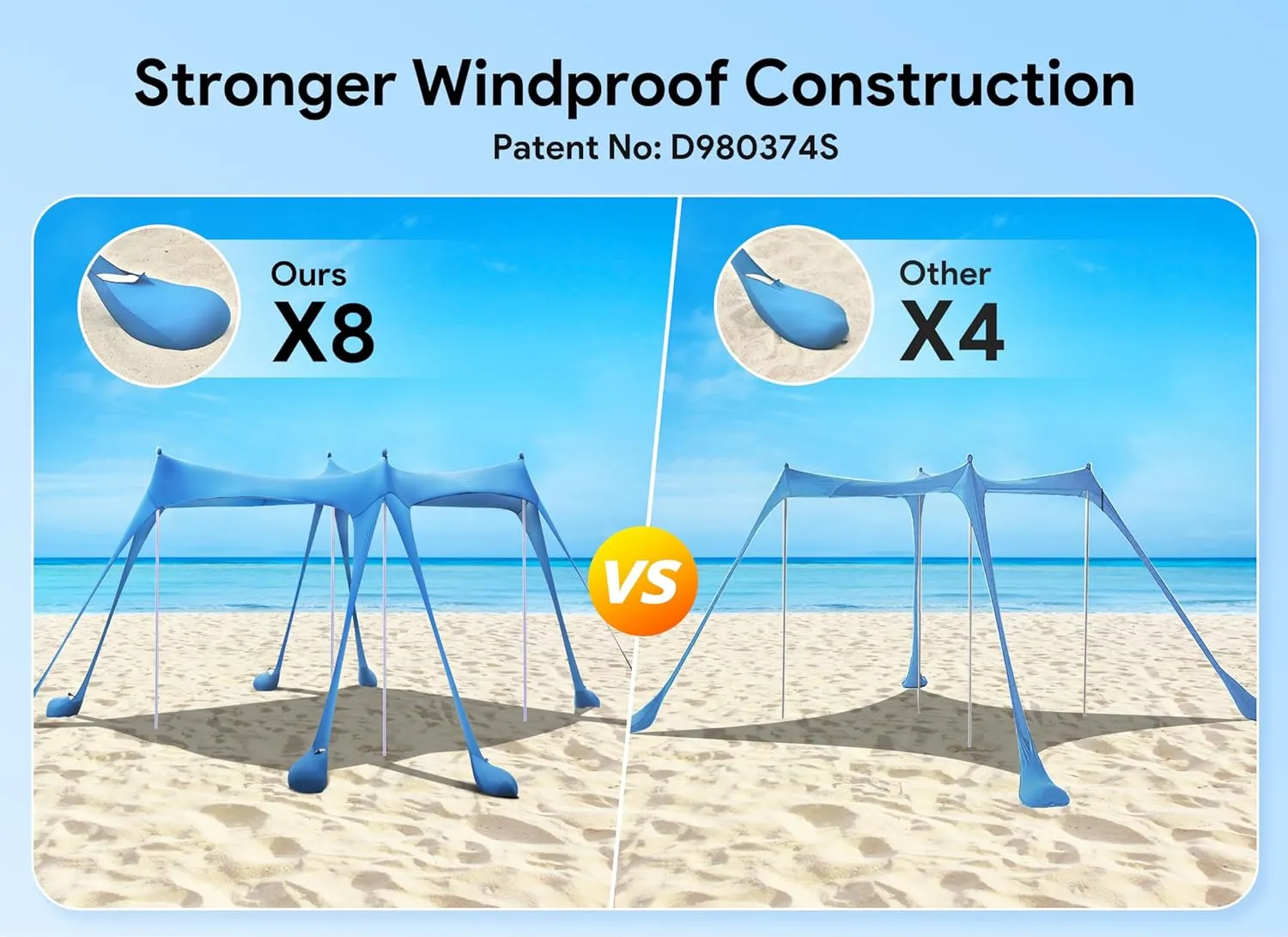 Osoeri Beach Tent, Camping Sun Shelter UPF50  with 8 Sandbags, Sand Shovels, Ground Pegs & Stability Poles, Outdoor Shade Beach Canopy for Camping Trips, Fishing, Backyard Fun or Picnics