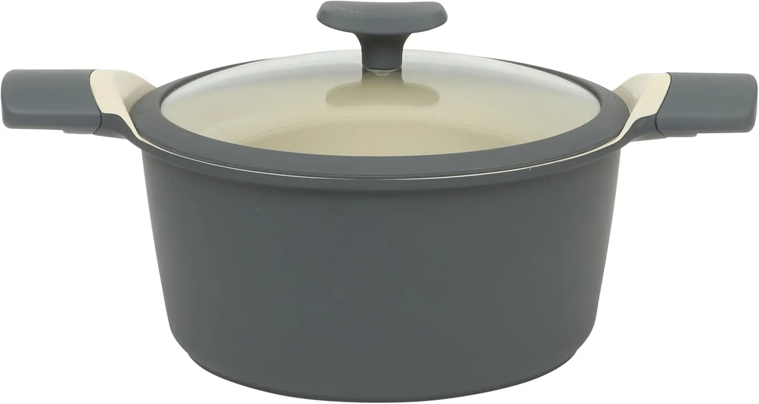 Oster Platinum Rooney 12 Piece Cast Aluminum Pots and Pans PFA Free Ceramic Non stick Induction Kitchen Cookware Set - Grey
