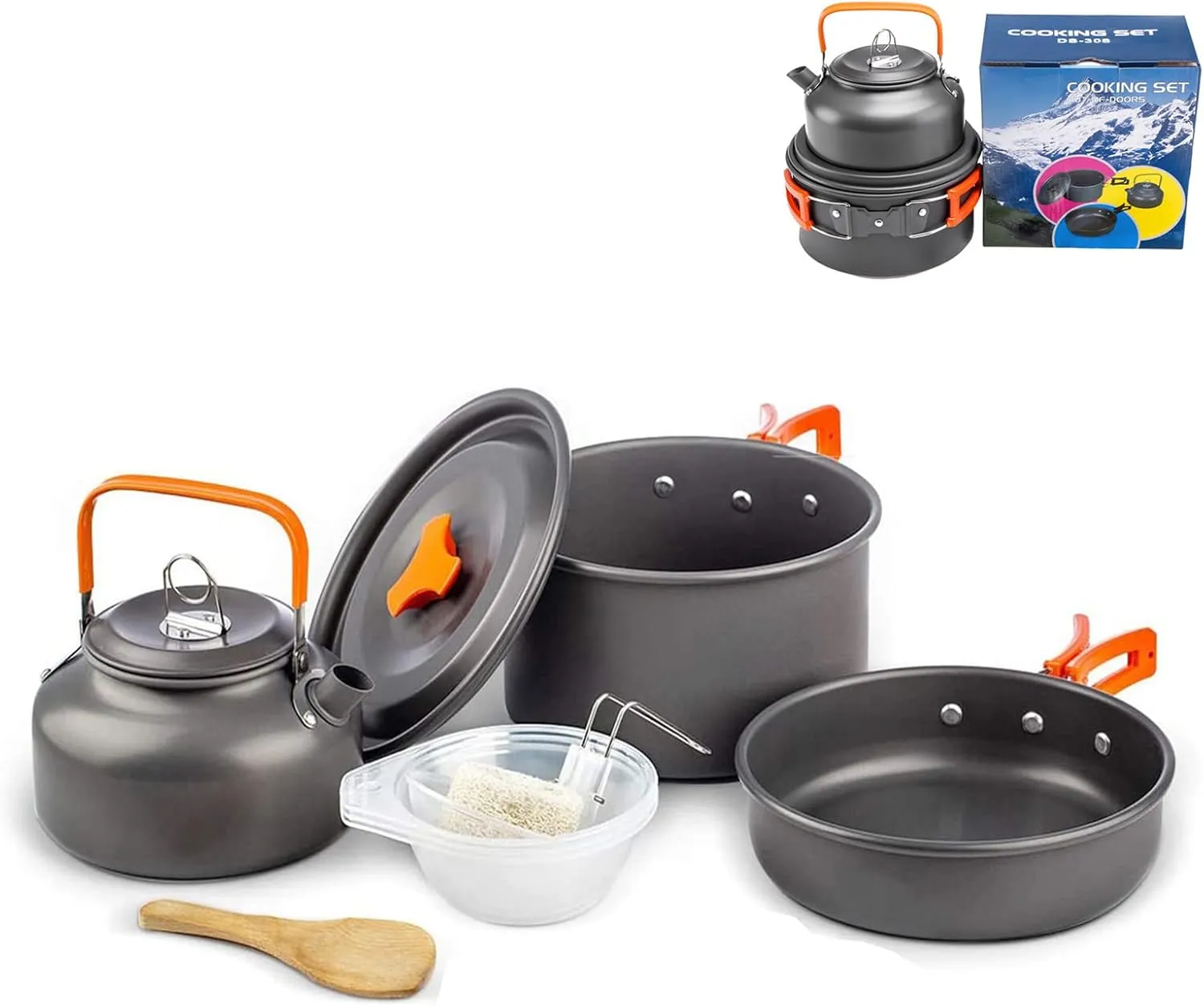 Outdoor Aluminum Camping Cookware Mess Kit,Folding Cookset Camping Teapot and Pan,Non-Stick Lightweight Pots, Pans with Mesh Storage Bag for Camping, Backpacking, Outdoor Cooking and Picnic