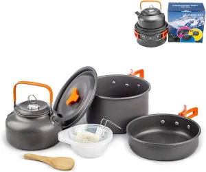 Outdoor Aluminum Camping Cookware Mess Kit,Folding Cookset Camping Teapot and Pan,Non-Stick Lightweight Pots, Pans with Mesh Storage Bag for Camping, Backpacking, Outdoor Cooking and Picnic