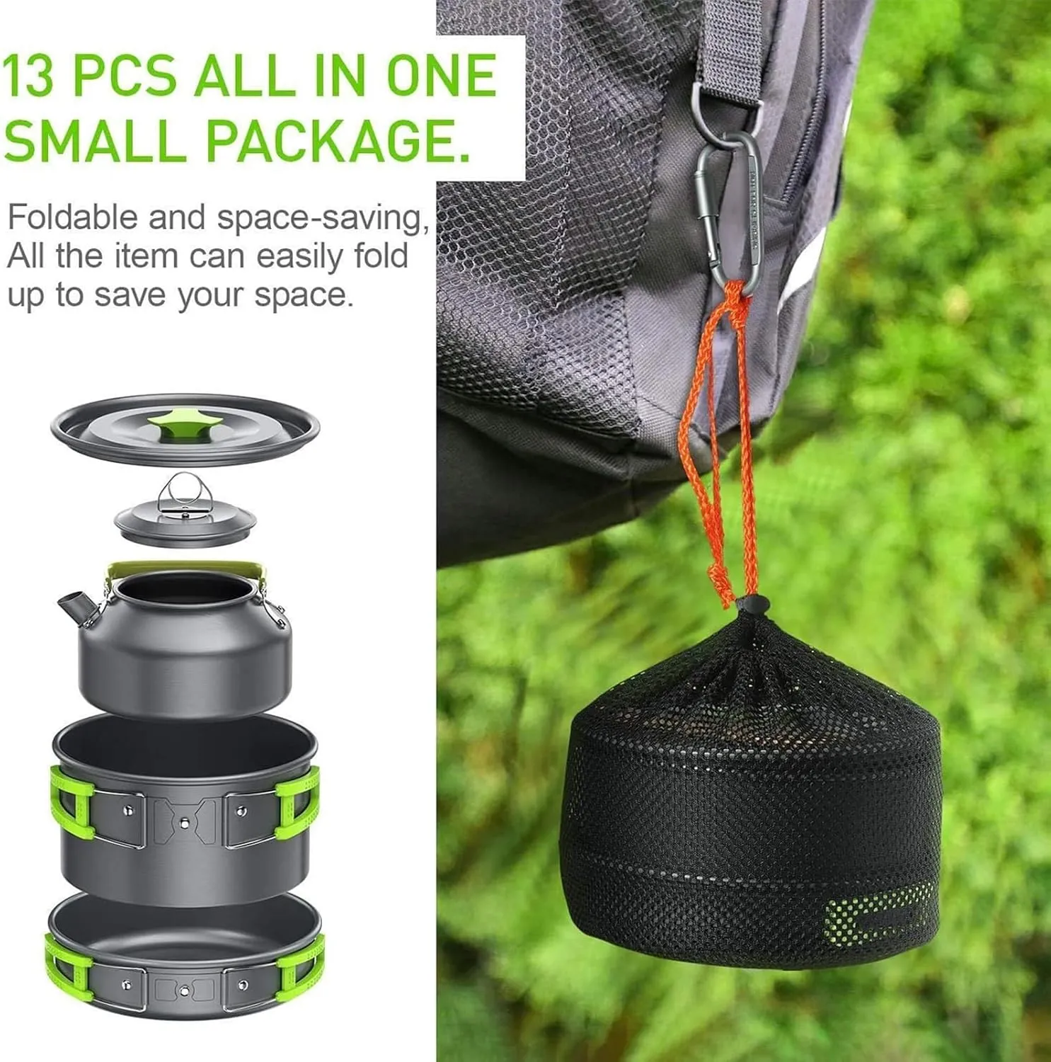 Outdoor Aluminum Camping Frying Pan Mess Kit,Folding Cookset Camping Teapot and Pan,Non-Stick Lightweight Pots, Pans with Mesh Storage Bag