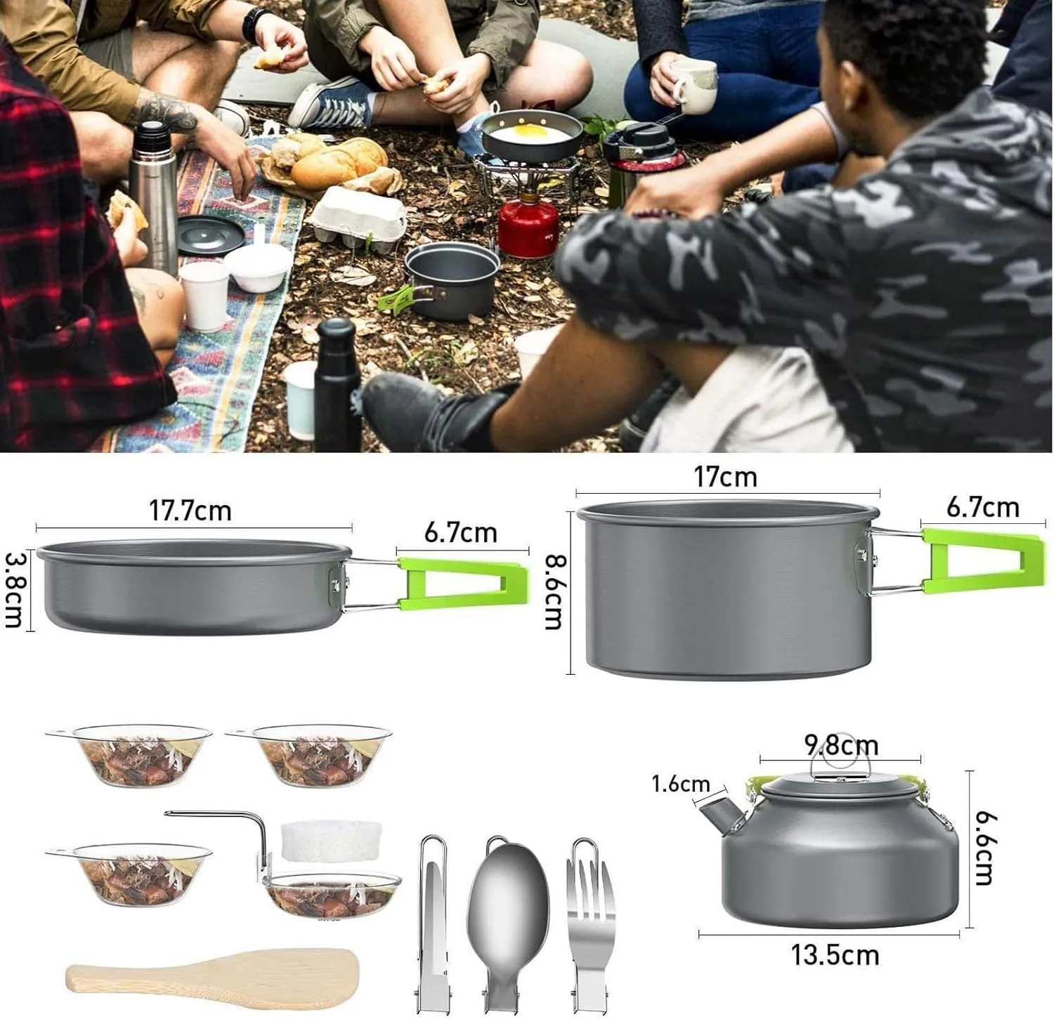 Outdoor Aluminum Camping Frying Pan Mess Kit,Folding Cookset Camping Teapot and Pan,Non-Stick Lightweight Pots, Pans with Mesh Storage Bag