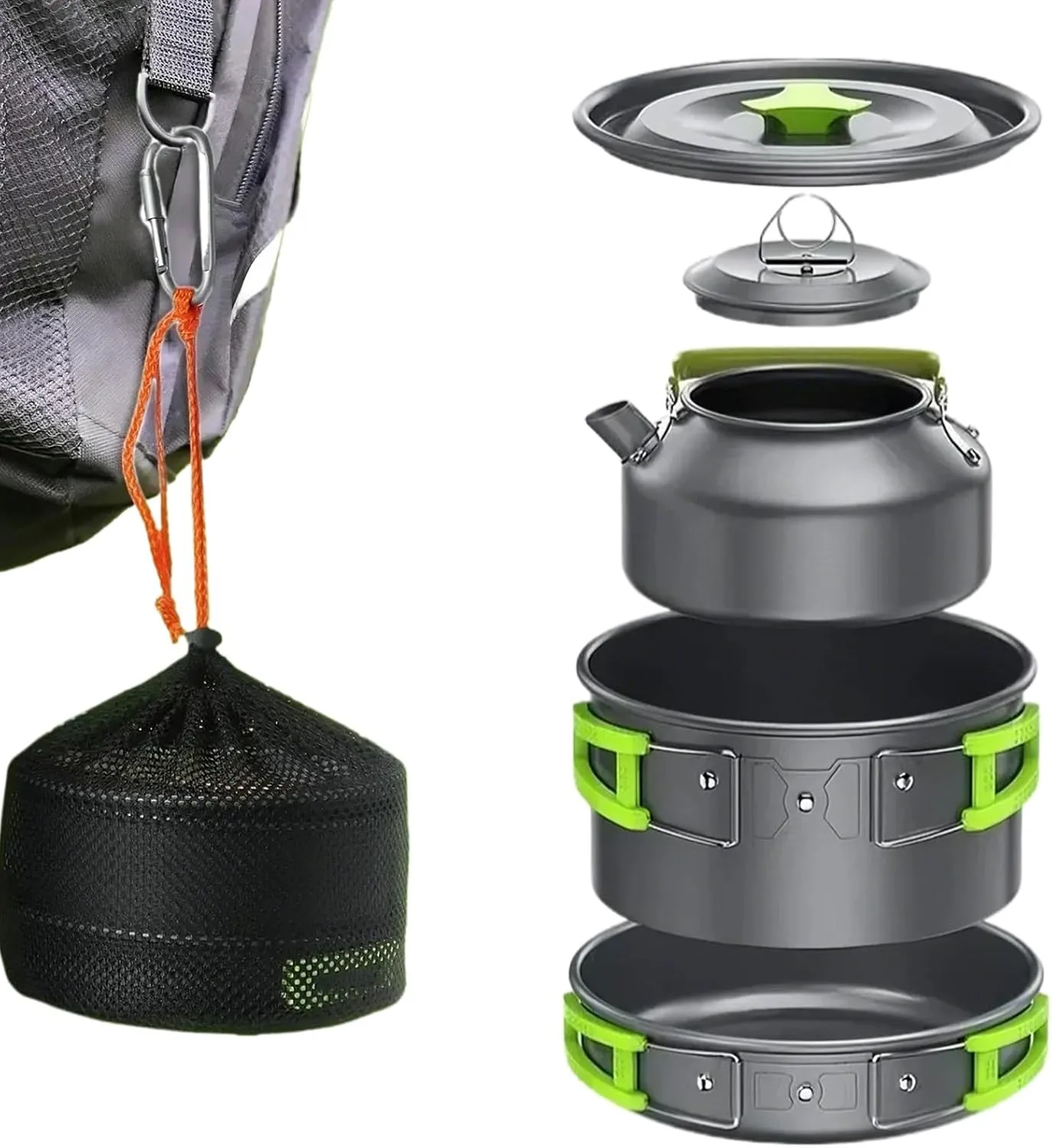Outdoor Aluminum Camping Frying Pan Mess Kit,Folding Cookset Camping Teapot and Pan,Non-Stick Lightweight Pots, Pans with Mesh Storage Bag