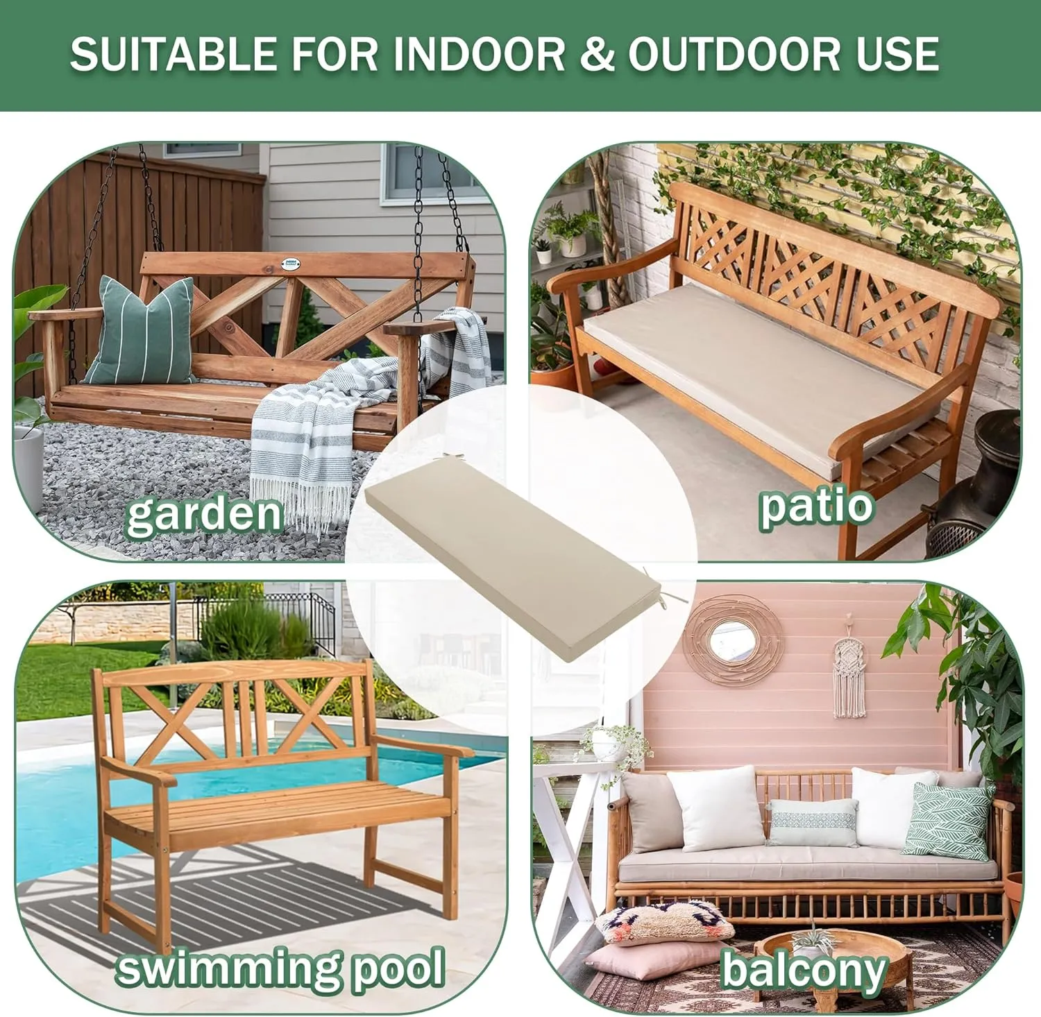 Outdoor Bench Cushion: Waterproof and Fade Resistant Patio Furniture Cushions - Non-Slip Bench Pad Cushion with Removable Cover for Garden Swing Porch Sofa Settee, 48 x 18 x 3 Inch, Beige