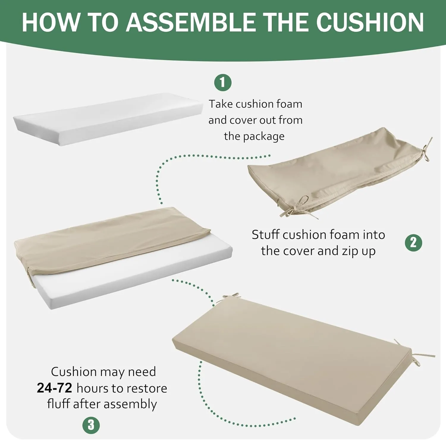 Outdoor Bench Cushion: Waterproof and Fade Resistant Patio Furniture Cushions - Non-Slip Bench Pad Cushion with Removable Cover for Garden Swing Porch Sofa Settee, 48 x 18 x 3 Inch, Beige