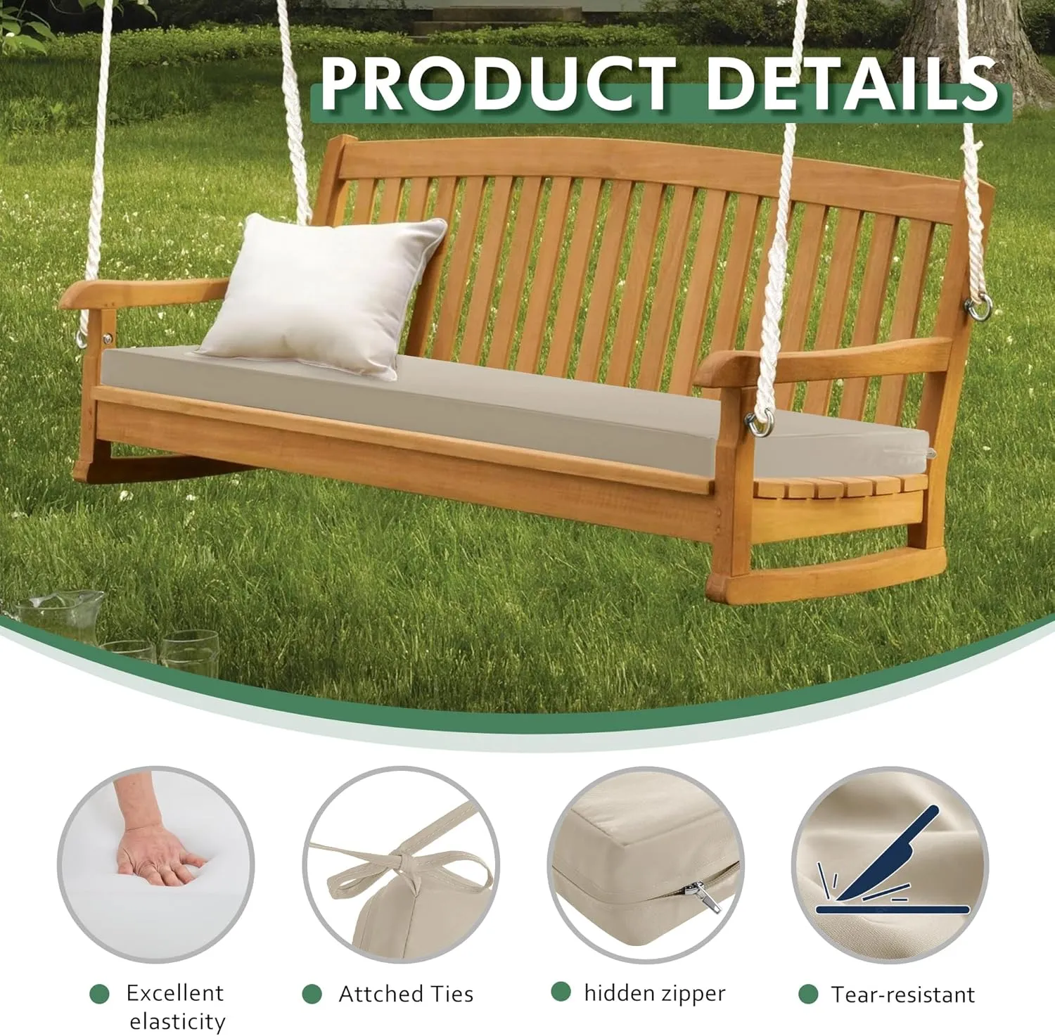 Outdoor Bench Cushion: Waterproof and Fade Resistant Patio Furniture Cushions - Non-Slip Bench Pad Cushion with Removable Cover for Garden Swing Porch Sofa Settee, 48 x 18 x 3 Inch, Beige