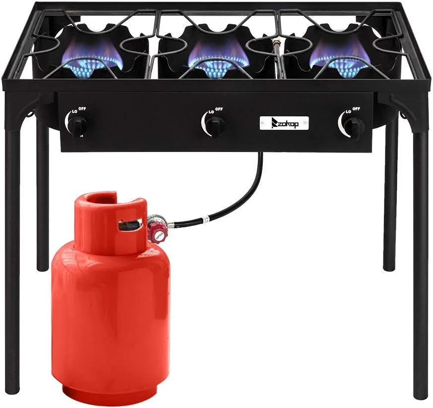 Outdoor Camp Stove High Pressure Propane Gas Cooker Portable Cast Iron Patio Cooking Burner (Three Burner 225000-BTU)