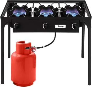 Outdoor Camp Stove High Pressure Propane Gas Cooker Portable Cast Iron Patio Cooking Burner (Three Burner 225000-BTU)