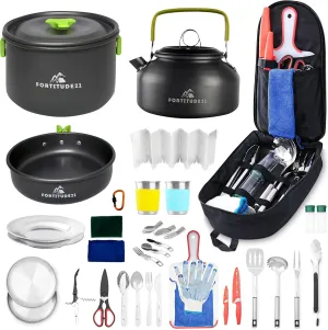 Outdoor Campfire Cooking Set - Complete Camp Kitchen Accessories, Pots, Pans, Utensils for Camping Trips