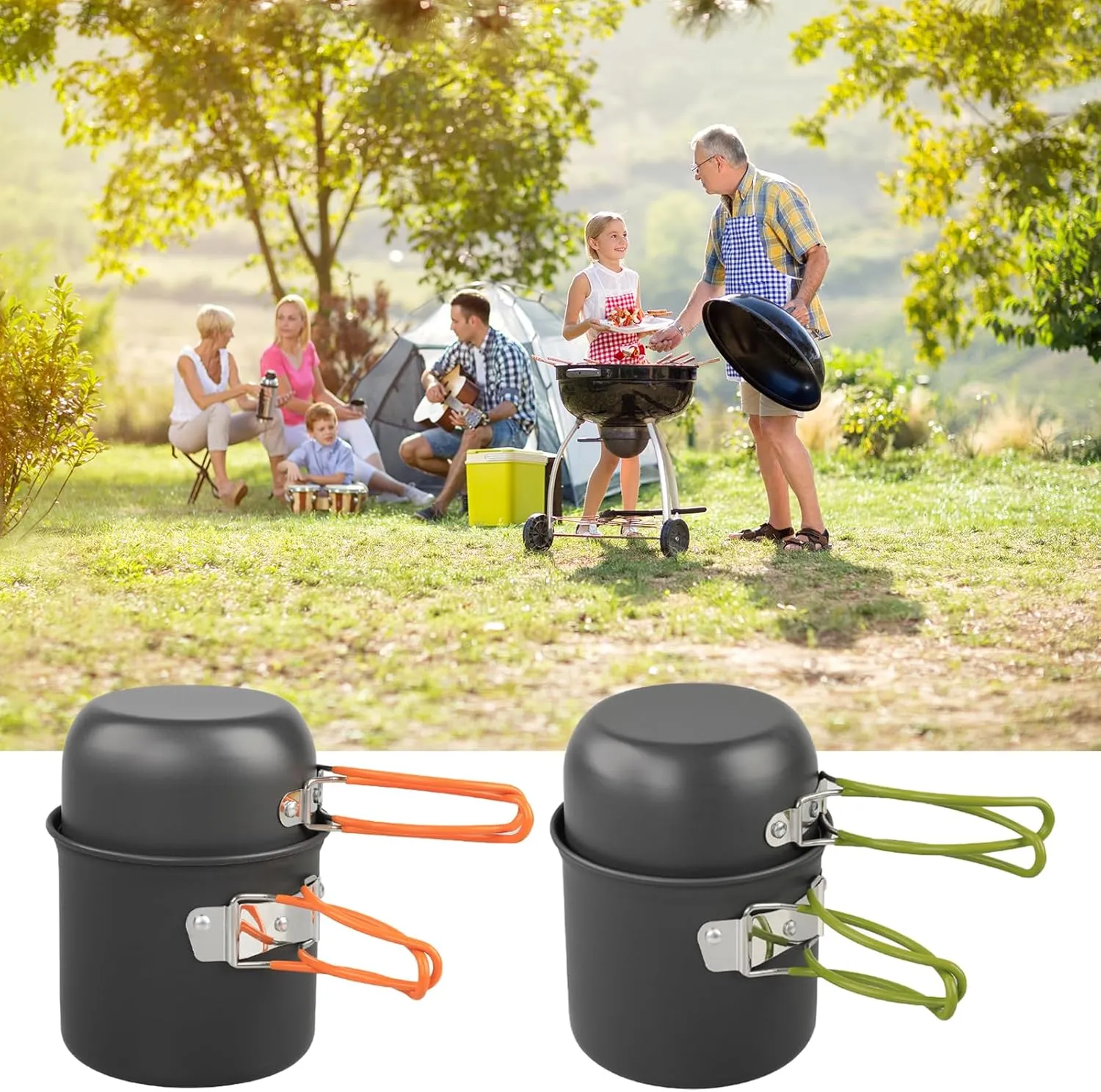 Outdoor Camping Cookware Backpacking Pots and Pans Portable Camping Cooking Utensils with Folding Handle Enduring