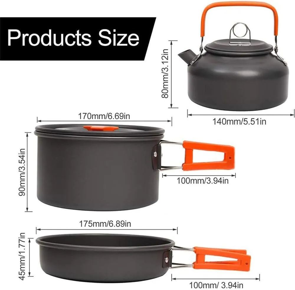Outdoor Camping Cookware Kit Aluminum Portable Nonstick Cooking Water Kettle Pot Pan Set For Hiking Picnic BBQ Tableware,Black,A