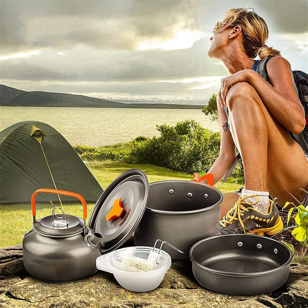 Outdoor Camping Cookware Kit Aluminum Portable Nonstick Cooking Water Kettle Pot Pan Set For Hiking Picnic BBQ Tableware,Black,A