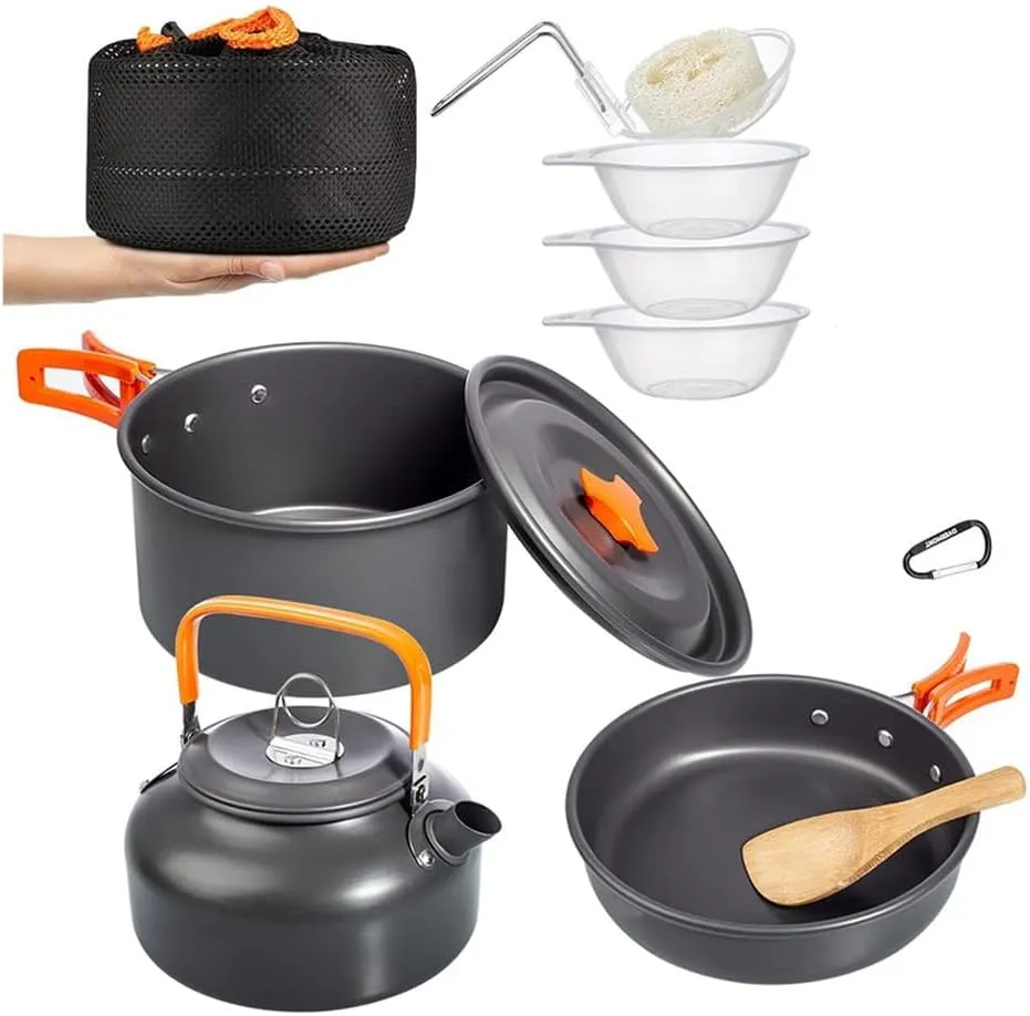 Outdoor Camping Cookware Kit Aluminum Portable Nonstick Cooking Water Kettle Pot Pan Set For Hiking Picnic BBQ Tableware,Black,A