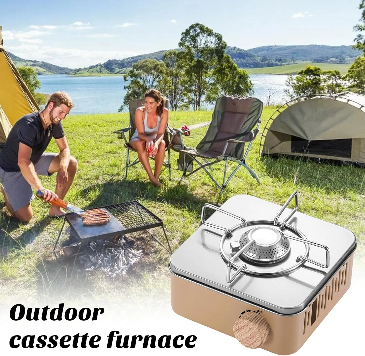 Outdoor Camping Stove, Propane Burner Outdoor Portable Propane Stove Gas Cooker 8.46 * 7.48 * 3.74 for Camp Cooking Outdoor Stove for Home Brewing, Maple Syrup Prep (Khaki)