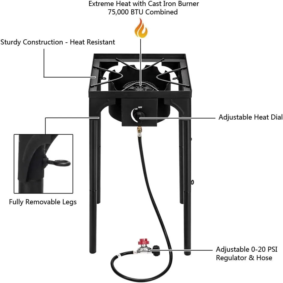 Outdoor Camping Stove,1 Burner Propane Gas Cooker with Detachable Legs, CSA Certified, 0-20 PSI Regulator,Iron Patio Cooking Burner, 75000-BTU for Camping Parties