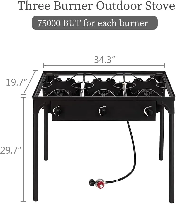 Outdoor Camping Stove,3 Burner Propane Gas Cooker with Detachable Legs, CSA Certified, 0-20 PSI Regulator,High Pressure Portable Cast Iron Patio Cooking Burner, 225000-BTU for Camping Parties