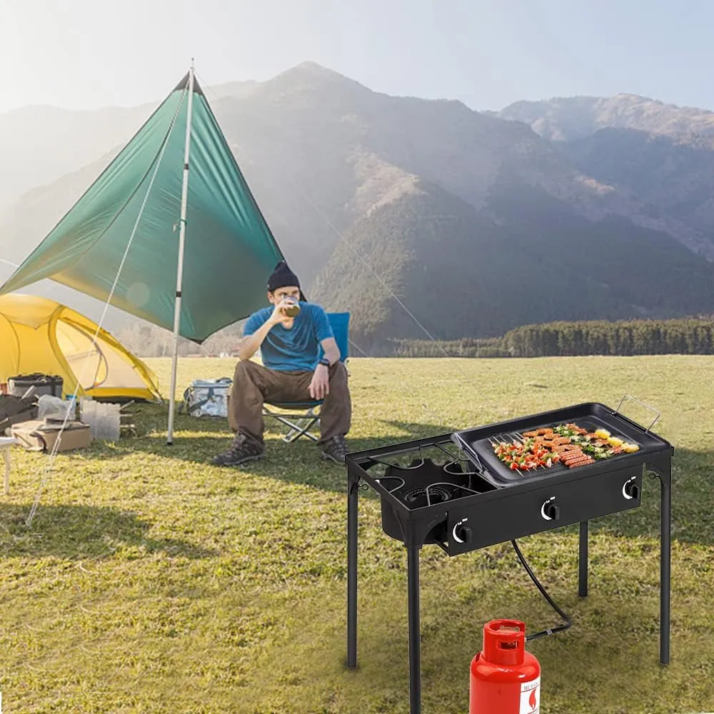 Outdoor Camping Stove,3 Burner Propane Gas Cooker with Detachable Legs, CSA Certified, 0-20 PSI Regulator,High Pressure Portable Cast Iron Patio Cooking Burner, 225000-BTU for Camping Parties