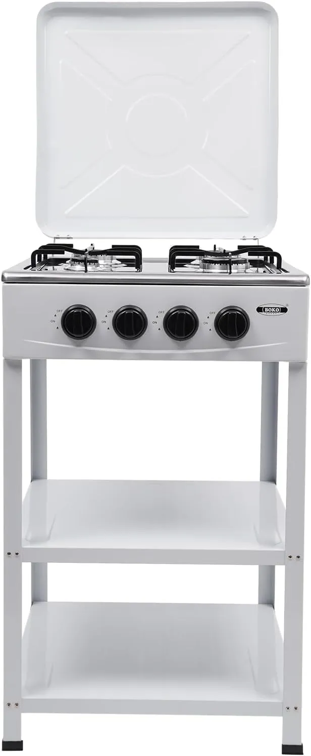 Outdoor Camping Stove,4 Burner Propane Gas Cooker,Portable Gas Stove with Manual Ignition and2 Tier Storage Rack,LNG/LPG for Outdoor Camping Cooking white