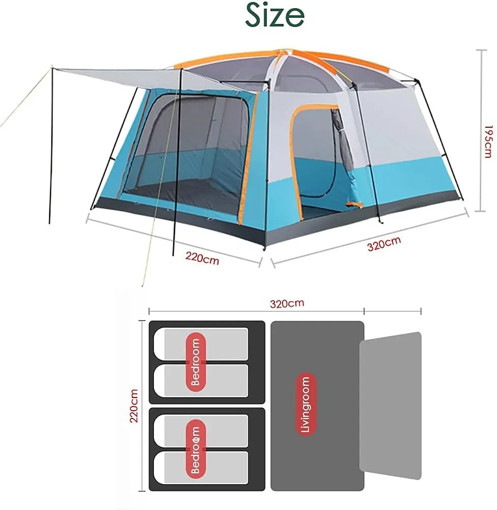 Outdoor Camping Tent 5-8 Person Large Family Tents for Camping Festival, Hiking Waterproof Tent with Living Room and Separate Rooms 4 Season Tents Big Family Shelter