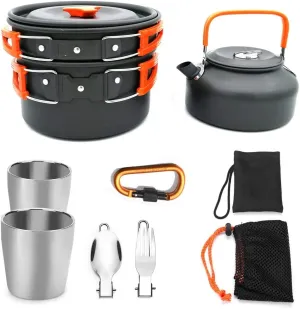 Outdoor Cookware Set Portable Cookware Nonstick Pots Aluminum Alloy Multifunction Field Cookware Combination No Fumes General Purpose Stove Anti-fall Jacketed Kettle Teapot Tableware Cup