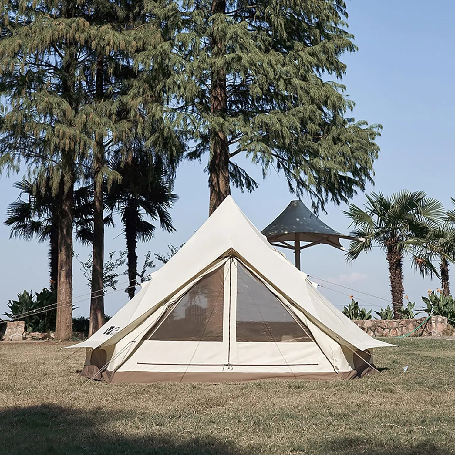 Outdoor Cotton Canvas Tent, Luxury Yurt Tents, Waterproof Large Tents with Sturdy Center & Door Pole and Space for 5~6 Person All 4 Season Camping Yurt Style Tent