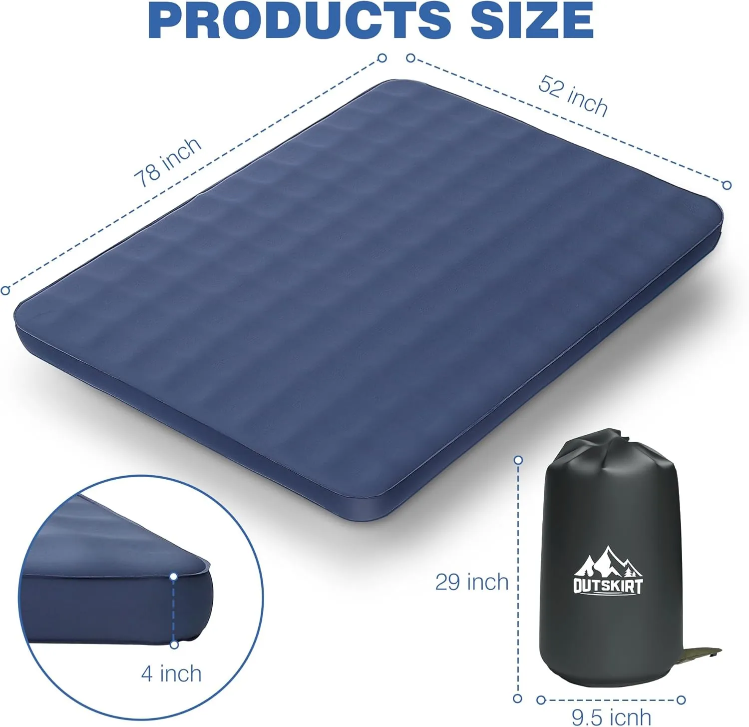 OUTSKIRT Ultralight Self Inflating Sleeping Pad, 4" Thick Camping Mattress with Pump Pack, 9.5 R-Value Insulated Sleeping Mat, Portable Camping Bed for Tent, Car, Truck or Van, 4 Season Camp Mattress