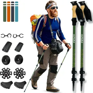 Outsura Trekking Poles for Hiking - Lightweight Collapsible Aircraft-Grade Aluminum Hiking Poles with Cork Grip & Quick Lock - Pair of 2 Walking Sticks with All Terrain Accessories