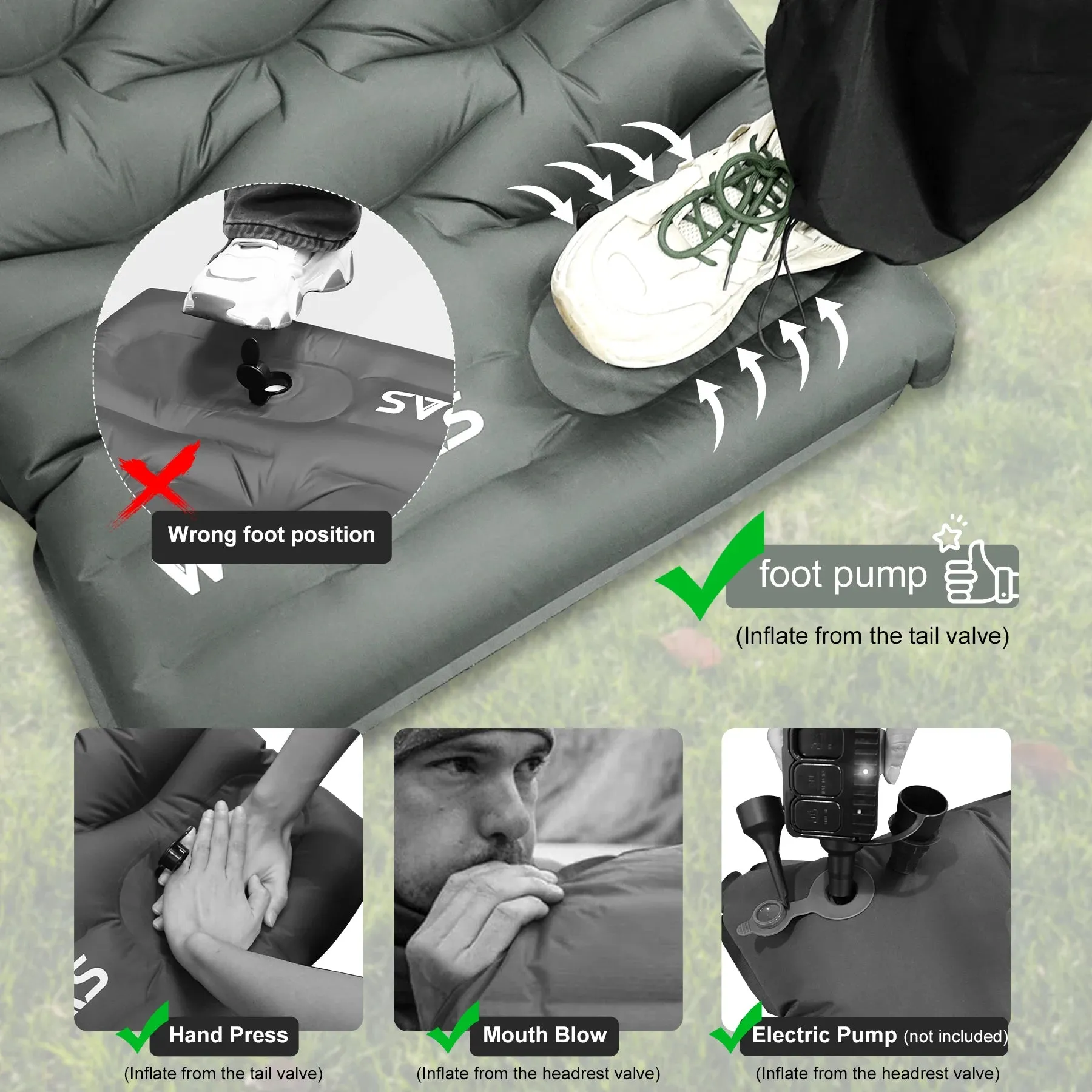 Oversized Inflatable Camping Sleeping Pad with Pillow and Built In Pump