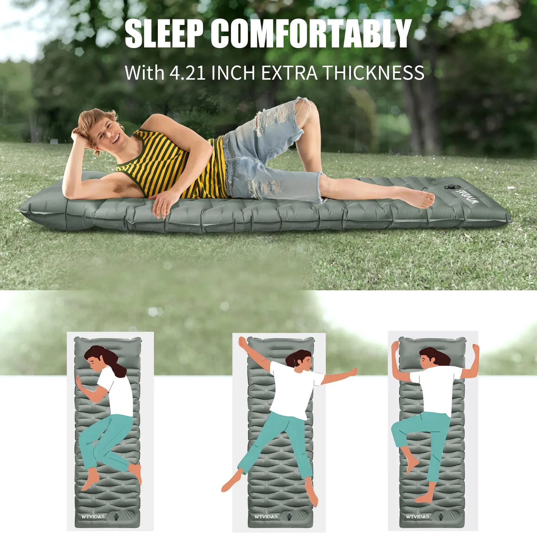 Oversized Inflatable Camping Sleeping Pad with Pillow and Built In Pump