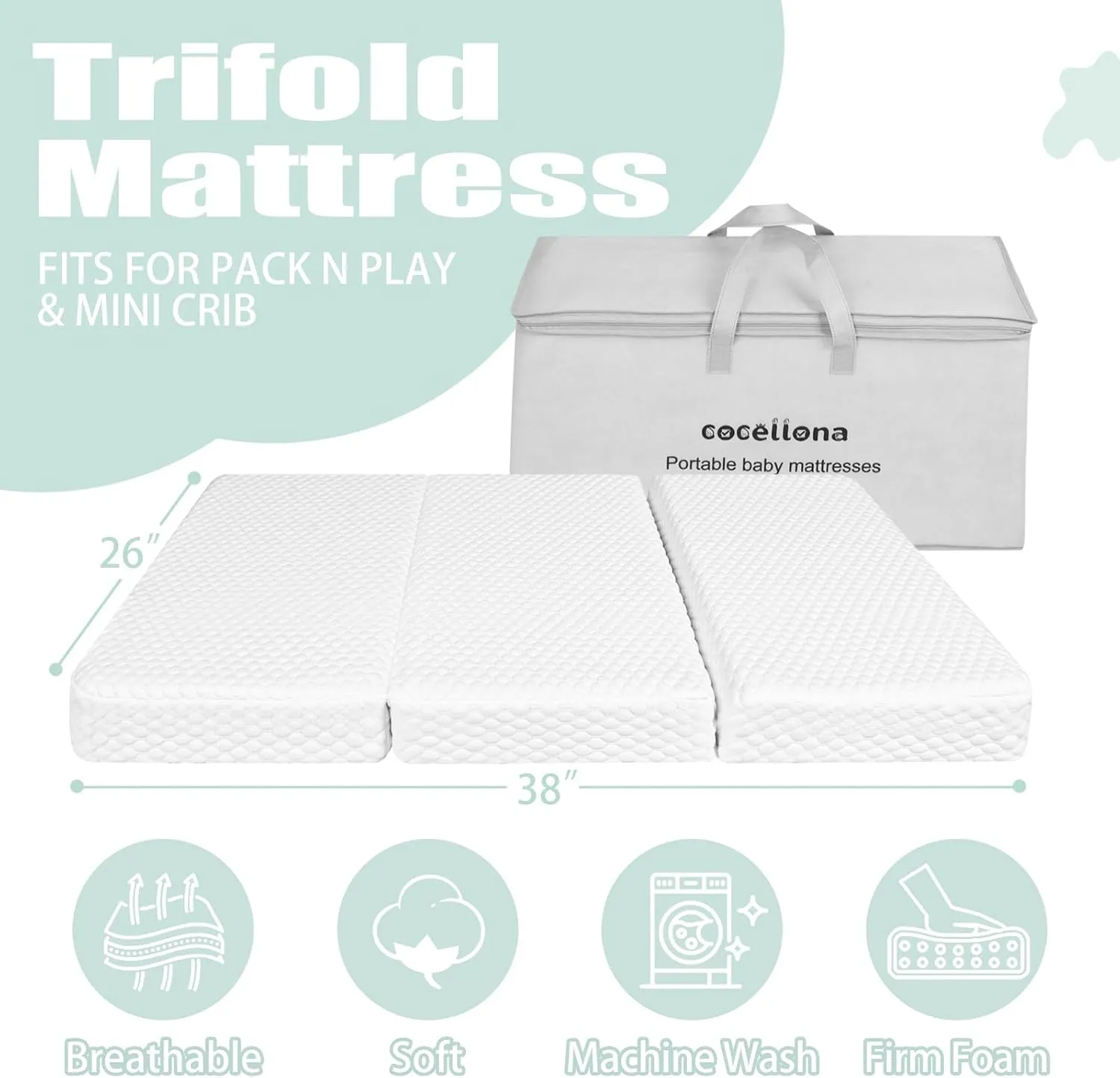 Pack and Play Mattress, 38x26 Trifold Pack n Play Mattresses with Carry Bag, Dual-Firmness Memory Foam Foldable Portable Travel Crib Mattress for Pack N Play Baby Playpen